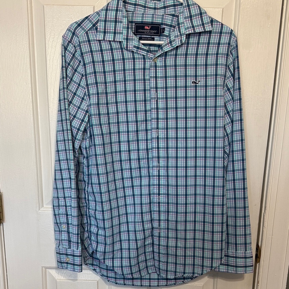 Vineyard Vines Men's Teal and Navy Plaid Button-Down Shirt